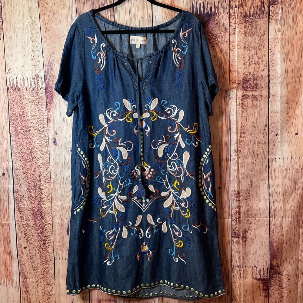 Philosophy Embroidered Denim Dress with Drawstring, Large